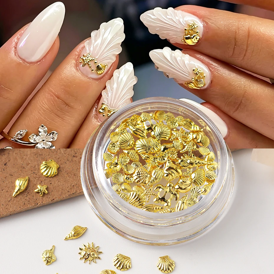 1 Bottle Ocean Nail Charms Metal Golden Silvery Starfish, Seashells, Conches, Coconut trees Nail Art DIY Accessories Decoration