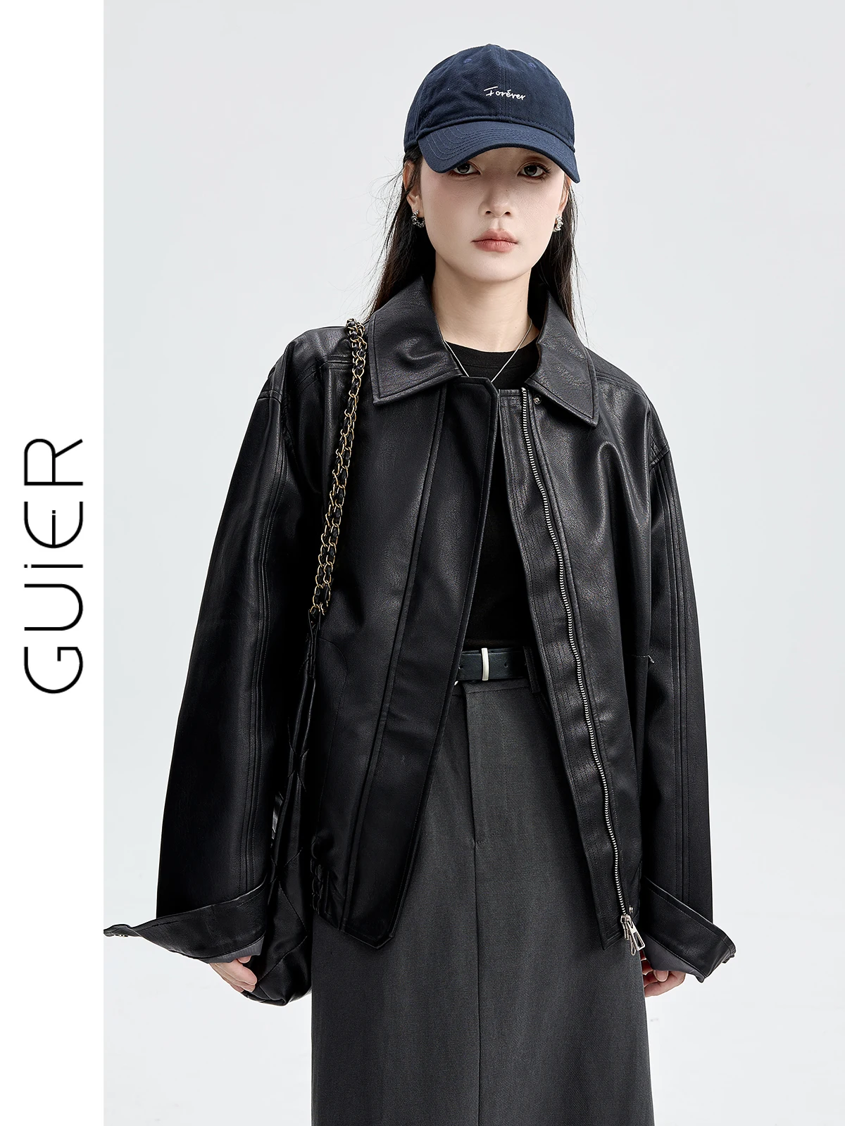 Jaqueta de Couro Feminina Bla, Design Solto e Estiloso com Duplo Zíper, Moda Casual, Nova Chegada de Outono