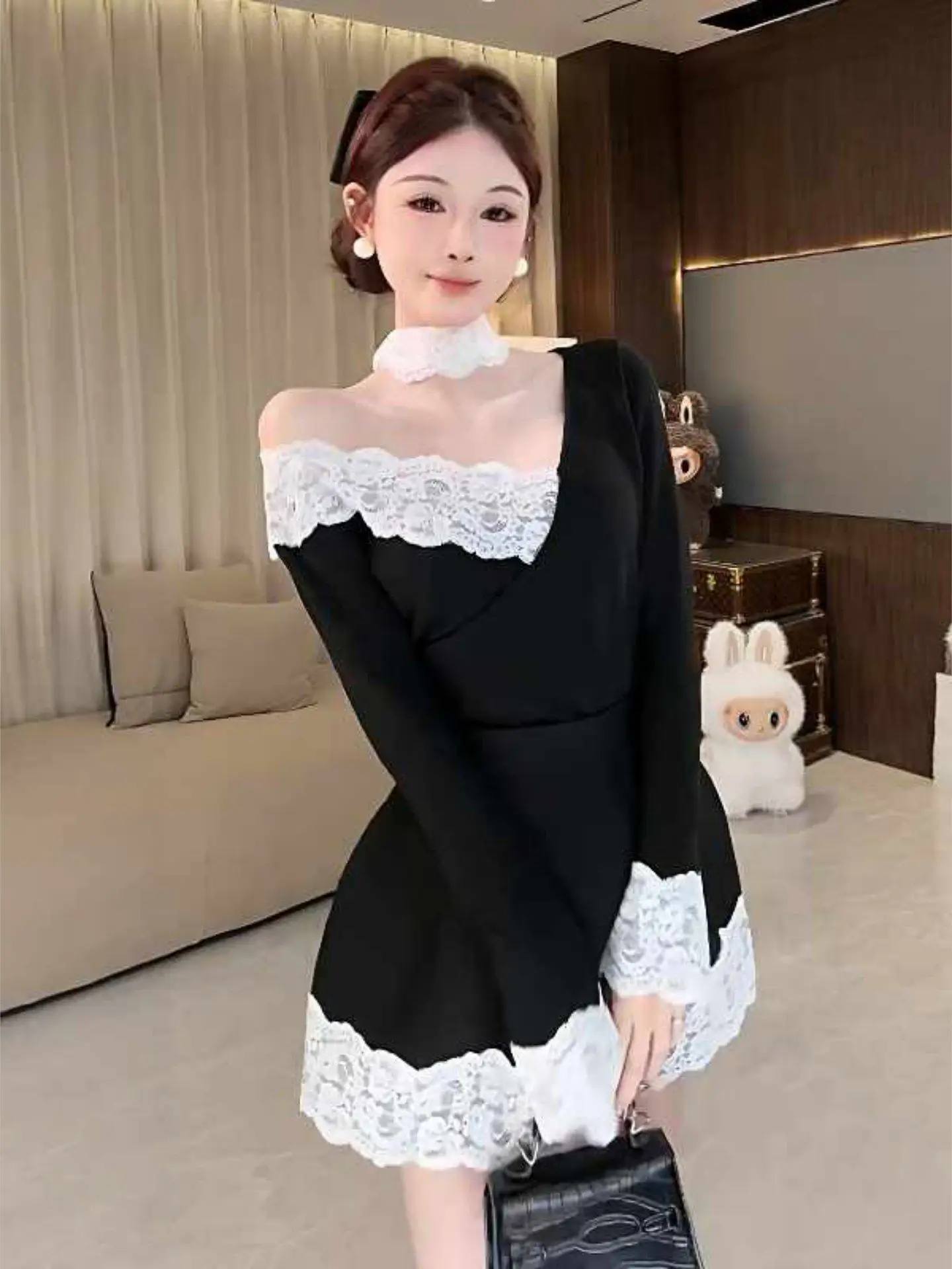 

Ele Waist-Cinching Color Blo Set Women's Faion Spring New Unique Skirt Casual Sle Long Sve V-Ne Top