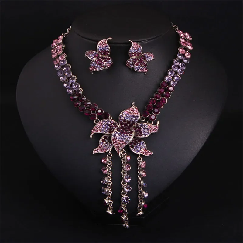 

Fashion Flower Full Crystal Tassel Necklace Earrings Jewelry Sets Wedding Bridal Party Prom Female Rhinestones Accessories