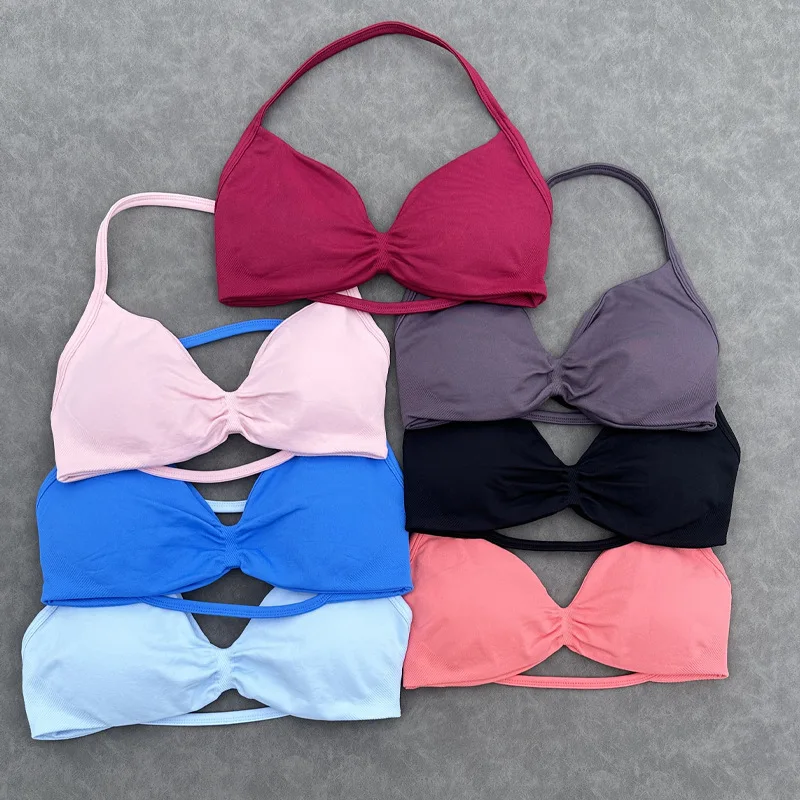 No Logo Sports Bra Sexy Strappy Backless Halter Bra Padded Fitness Yoga Bra Low Support Workout Gym Crop Top Women Tank Tops