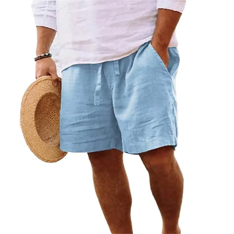 Men's Summer Cotton and Linen Shorts Draw Rope Elastic Waist Straight Leg Solid Color Breathable Beach Five Minute Casual Pants