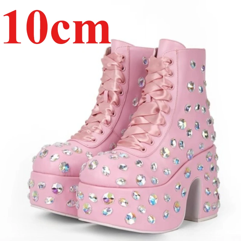 Pink Street Style Crystal Round Head Waterproof Platform Thick Heel Boots Shoes for Women's High Quality PU Fashion Short Boots
