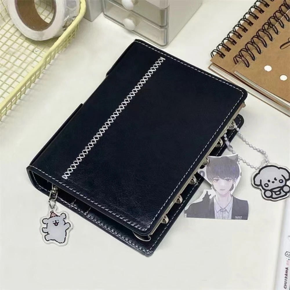 A7 Binder Notebook Loose leaf Black Pink  Cover 6 Ring Binder Double Ring PU Leather Photocard Kpop Photo Storage Student Book