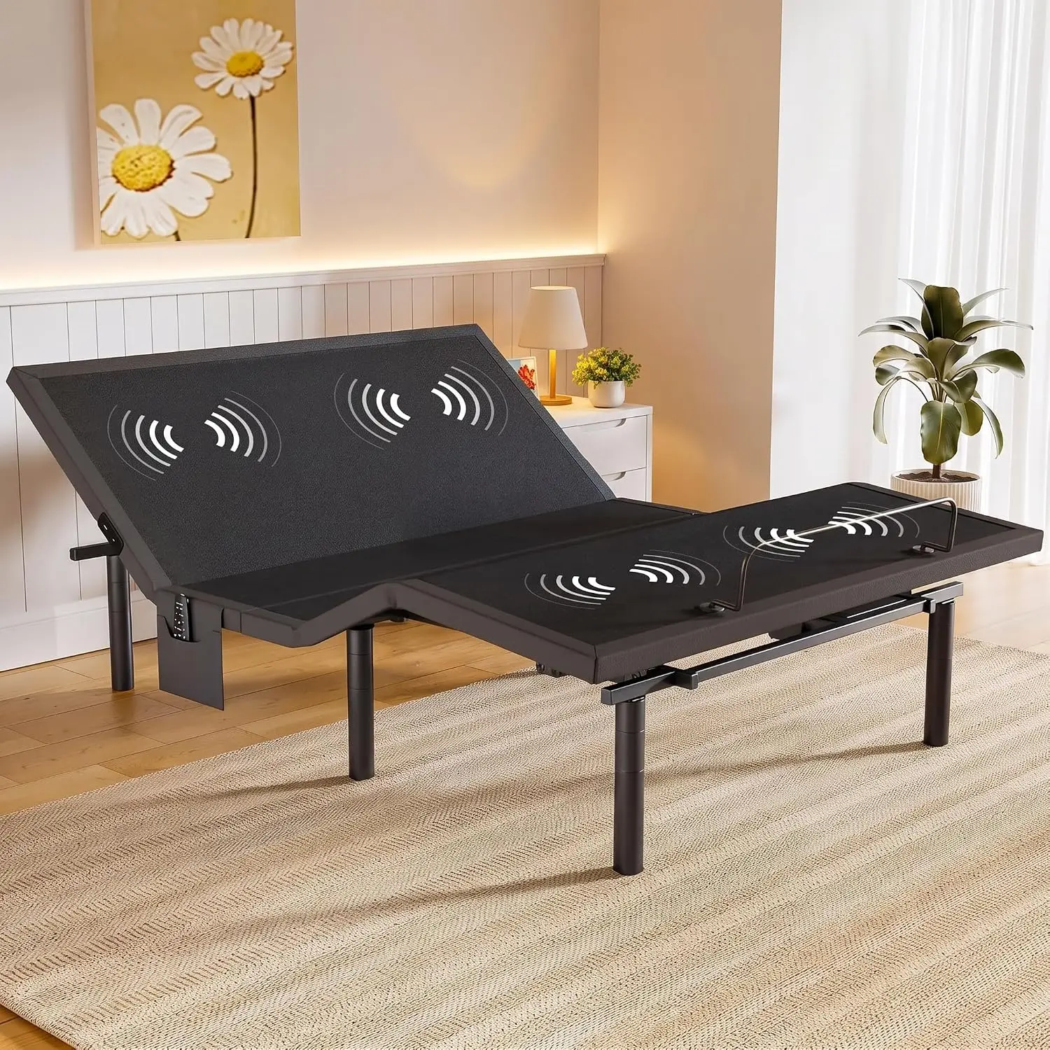 Adjustable Bed Frame with Massage, Incline, Wireless Remote, USB Ports, LED Light, Height-Adjustable Legs, Electric Base, Custom