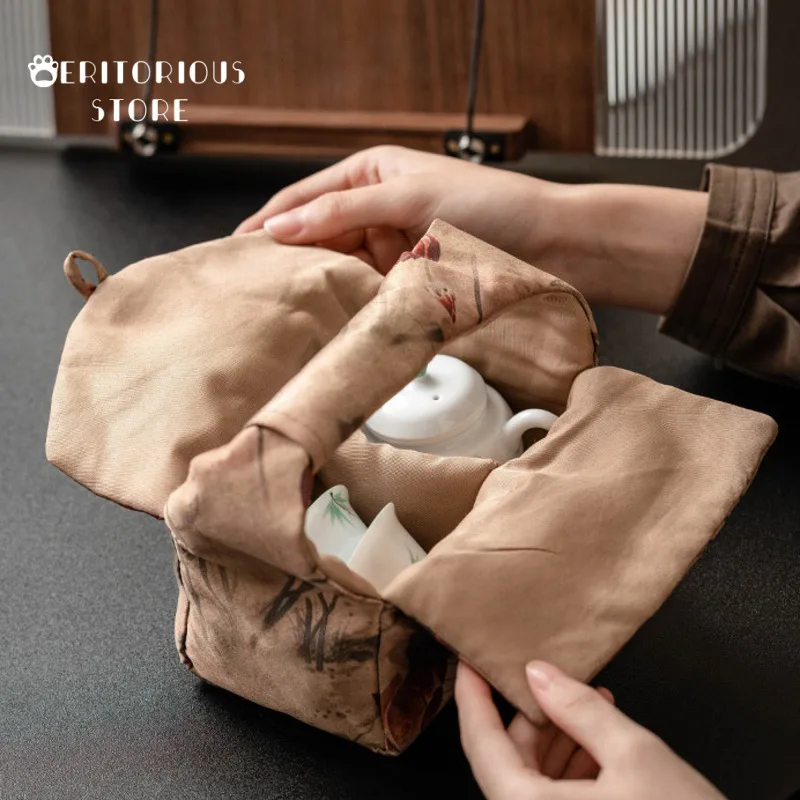 الحرير لوتس قافية الديباج الشاي حقيبة يد مريحة فنجان الشاي حقيبة التخييم في الهواء الطلق المحمولة حقيبة التخزين لوازم أكياس الصينية حفل الكؤوس #6