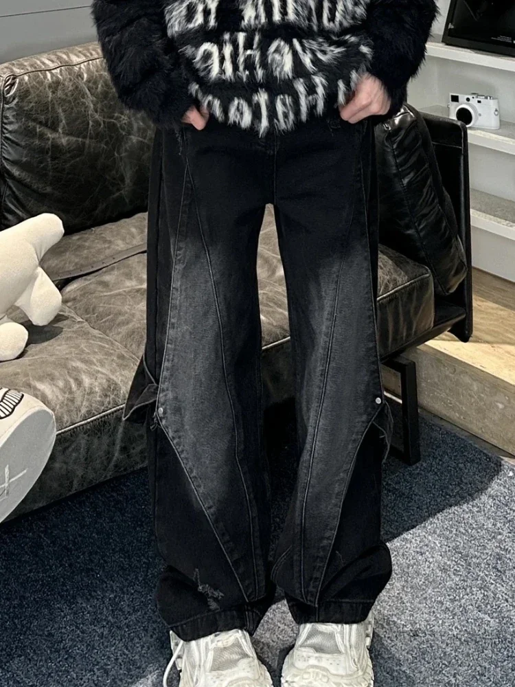 Wide Leg Jeans Men Grunge Do Old 90s Handsome Hip Hop Patchwork Youthful Mopping Trousers American Prevalent Baggy Bleached New