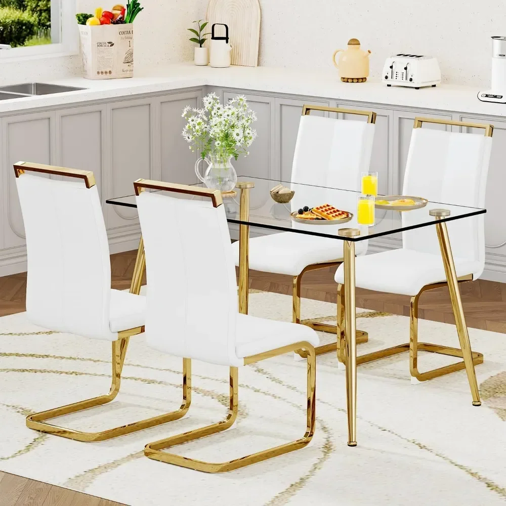 Glass Dining Table Set ,Modern Kitchen Dinings Room Tables with 4 White PU Leather Dinings Chairs,5Piece Dining Table Sets