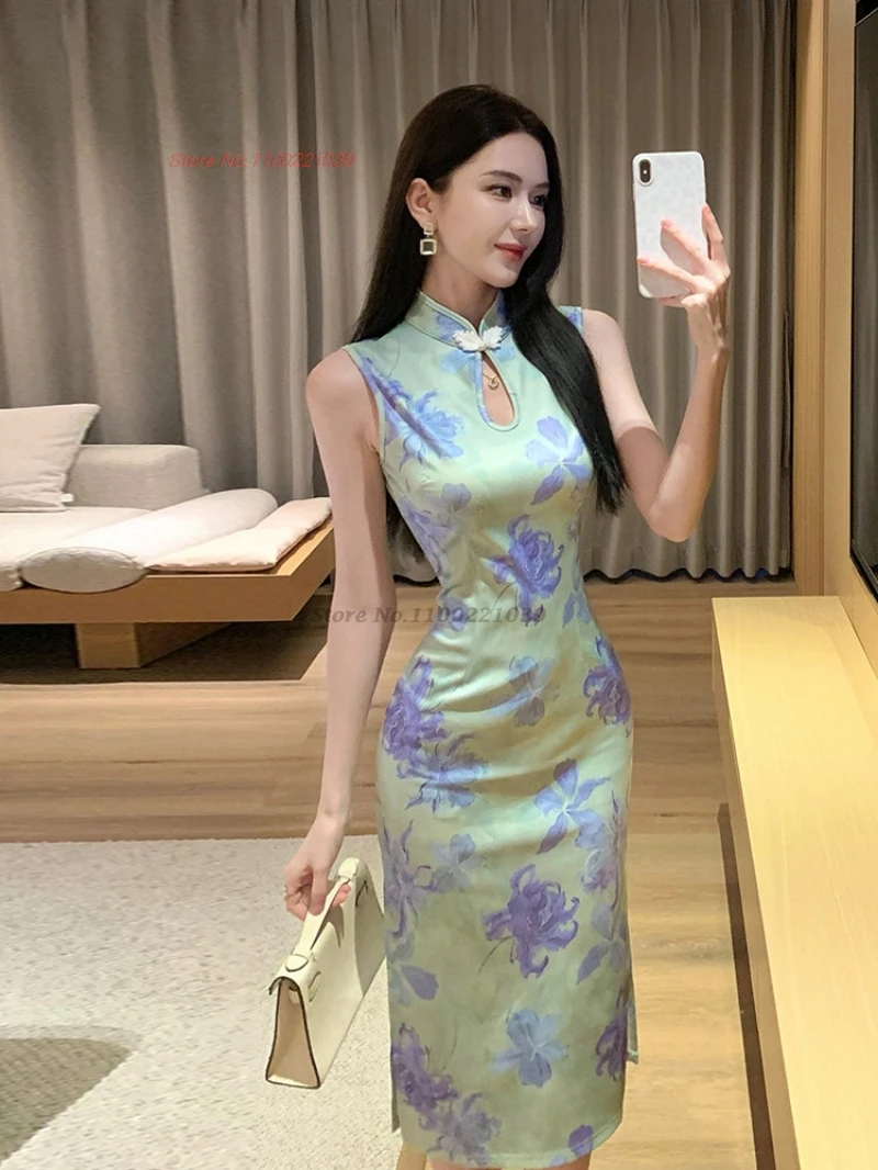 

2026 chinese sexy dress qipao sleeveless cheongsam vintage flower print qipao traditional nightclub banquet evening dress qipao