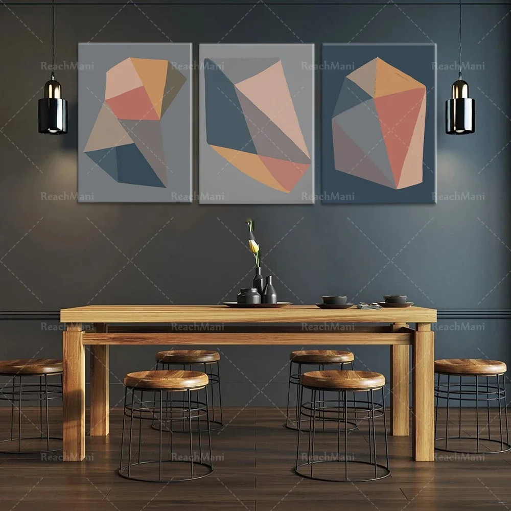 A set of 3 abstract color blocks, colorful abstract shape paintings, bedroom murals, and printable large-scale wall artist home