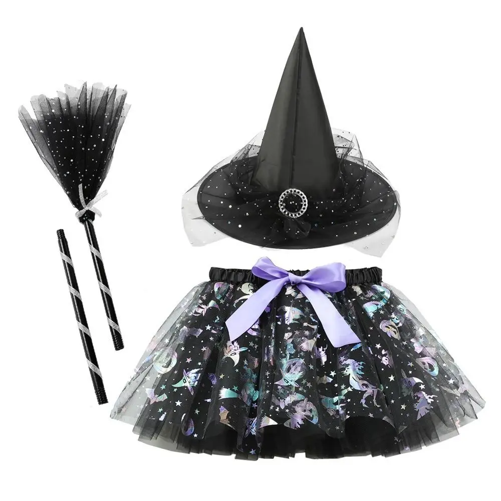 3Pcs/set Wizard Childern Halloween Costumes Broom Pointy Hat Kids Witch Dress Set Costume Cosplay Props Short Skirt