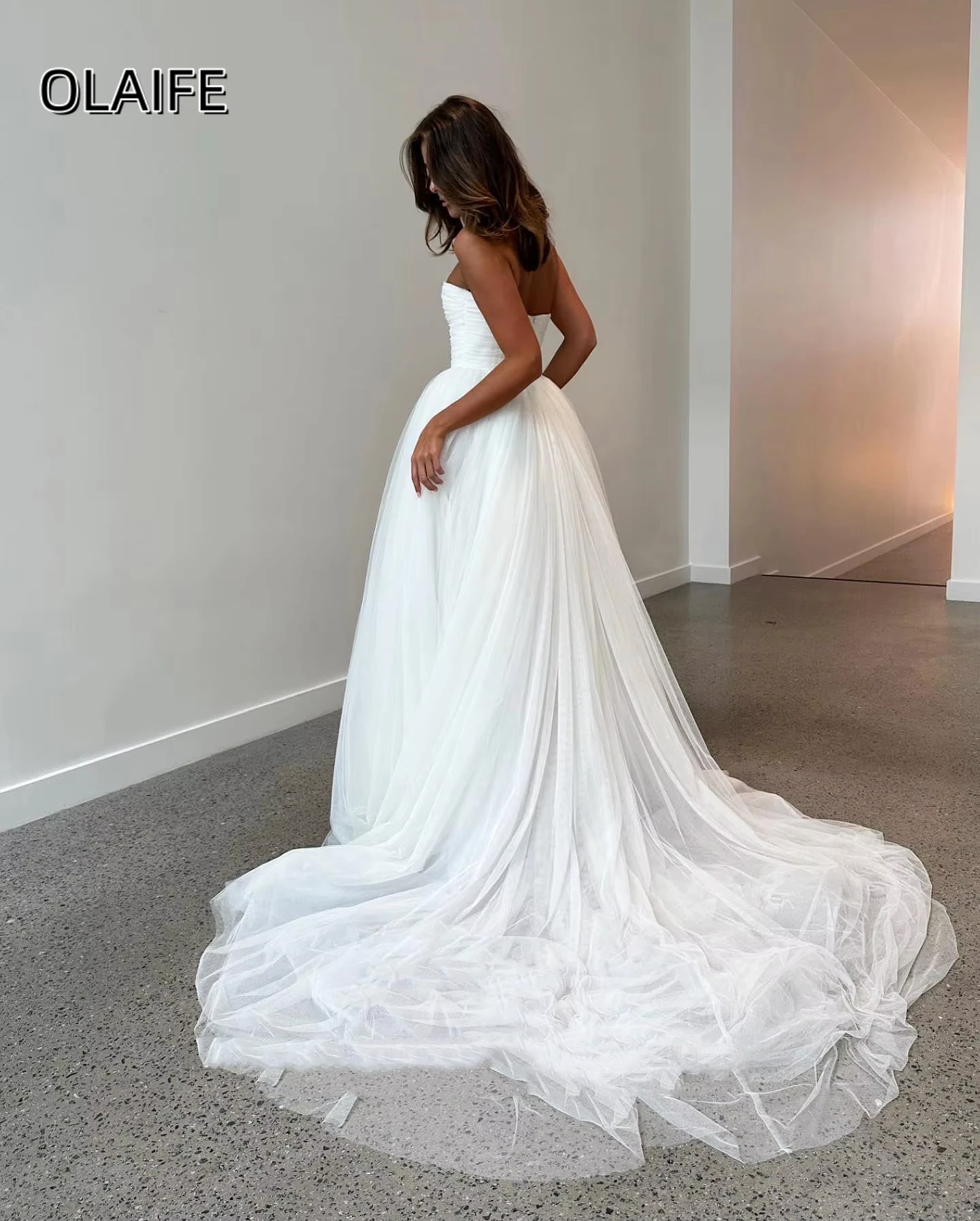 Olaife A Line تول بوهو فساتين زفاف العروس على شكل قلب مطوي ذيل طويل للنساء فستان رسمي للحفلات زي العرائس ستنسغدريس