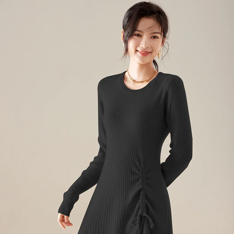 Birdtree 100% Wool Drawstring Bottom Knitted Dress A-line Sweater Slim Fit Medium Length Sweater 2023 New Autumn Winter D38515QC