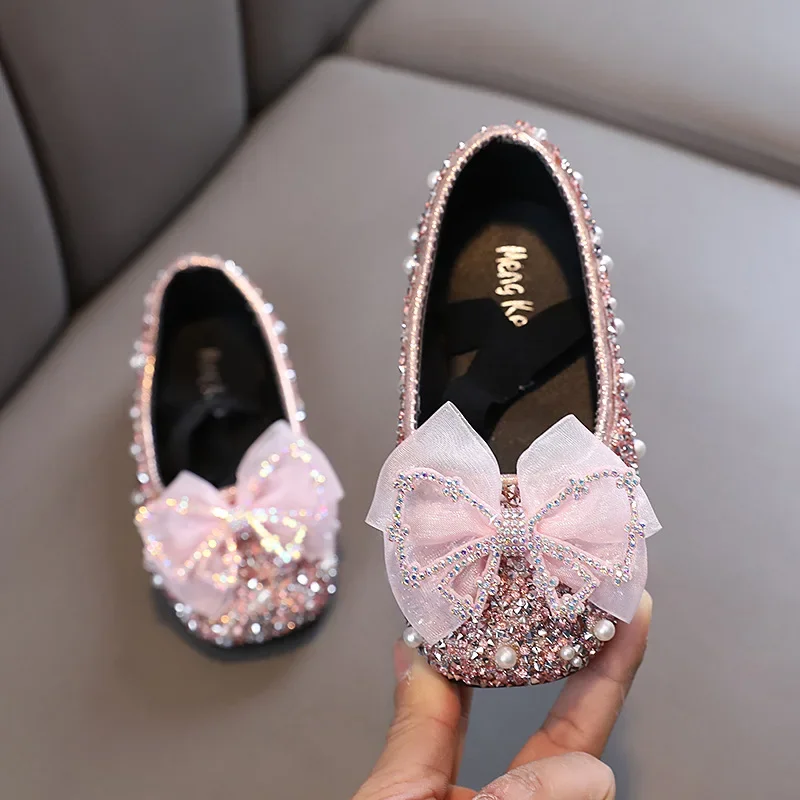 Girls Princess Shoes Glitter Luxury Party Shallow Children Ballet Flats 21-36 Elastic Band Fashion Lace Bowknot Kids Dance Shoes