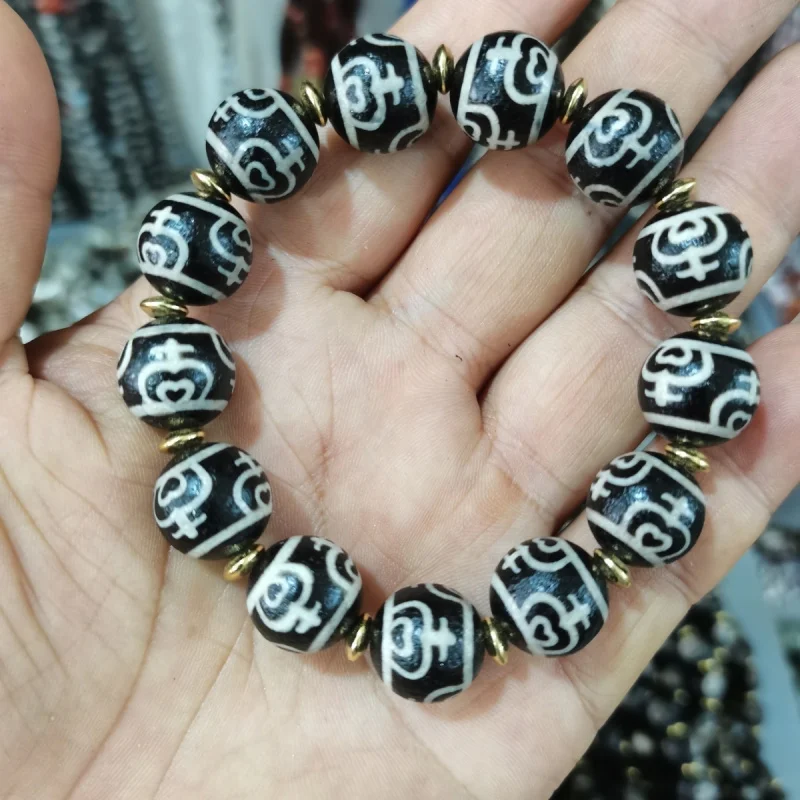 

Tibetan Style Retro Tibetan Patina Black and White Dzi Agate Bracelet New Model Aquarius Dzi Round Bead Single Circle Bracelet