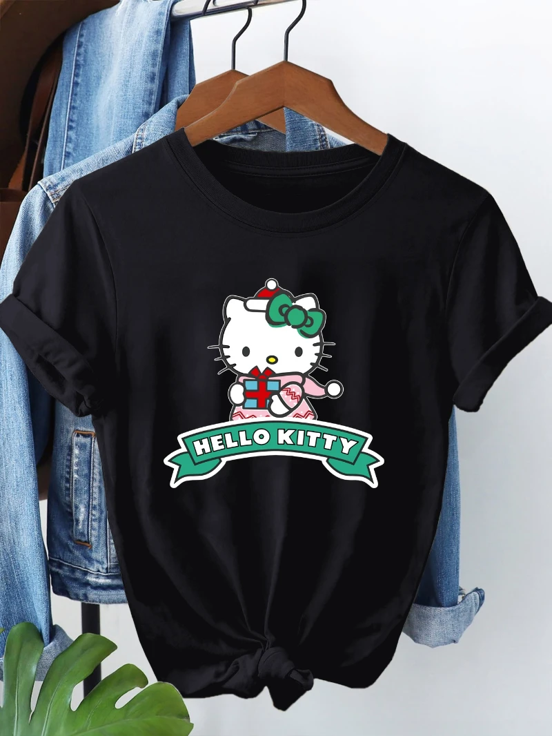 

Ladies' Hello Kitty Christmas T-shirt - Cute Holiday T-shirt with Santa Claus Hat, Pure Cotton Comfortable Daily Casual Top