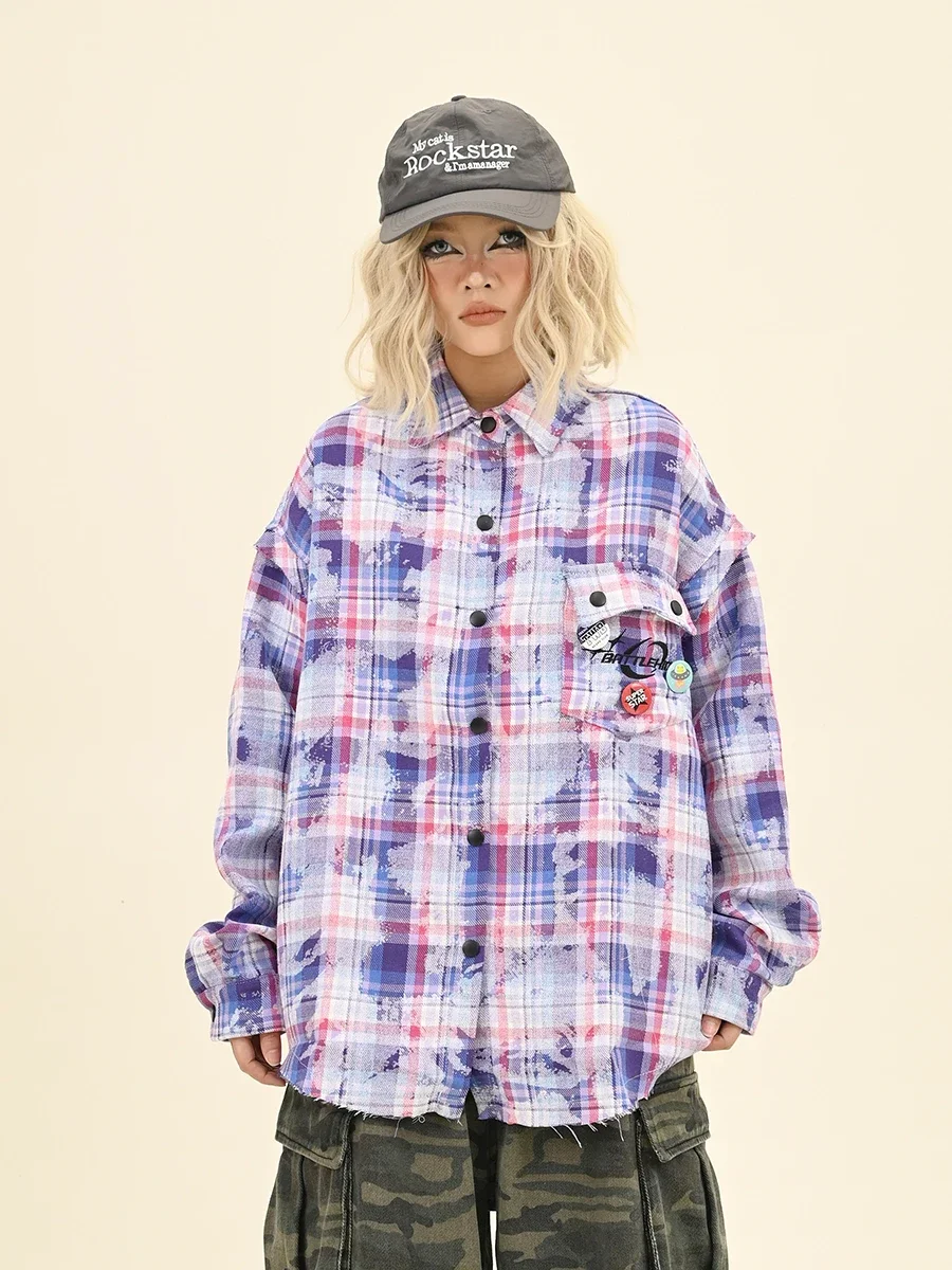 Tie-dye Plaid Long-sleeved Shirts 2024 Autumn New Loose Bf American Retro Couple Top Women