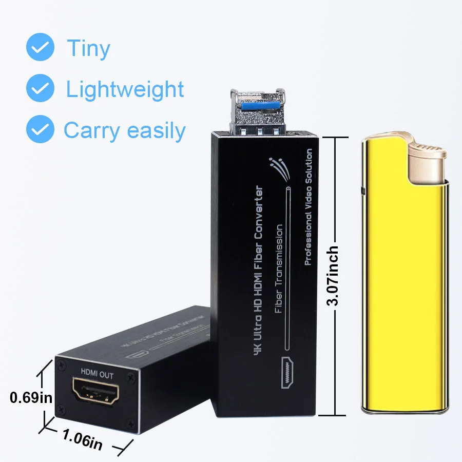 Mini extensor de fibra 4K HDMI sin comprimir 4K @ 30Hz HDMI 1.4a vivoe, convertidor de fibra hasta 20km