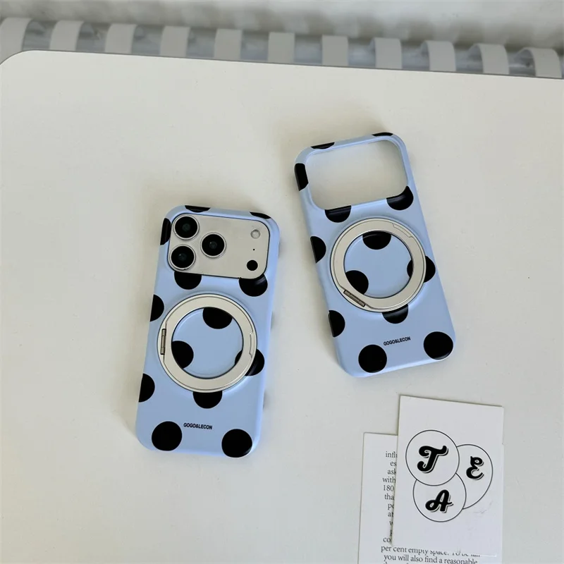 

Blue Polka Dot For MagSafe Phone Case For iPhone 17 16 15 Pro Max Cute Soft Silicone Cover With Metal Ring Stand Shockproof Shel