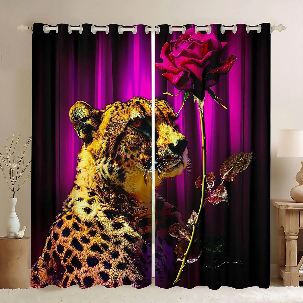 

Retro Colorful Rose Animal Lion Print Curtains Living Room Study Children's Room Decorative Curtains Easy To Wash And Care 2PCS