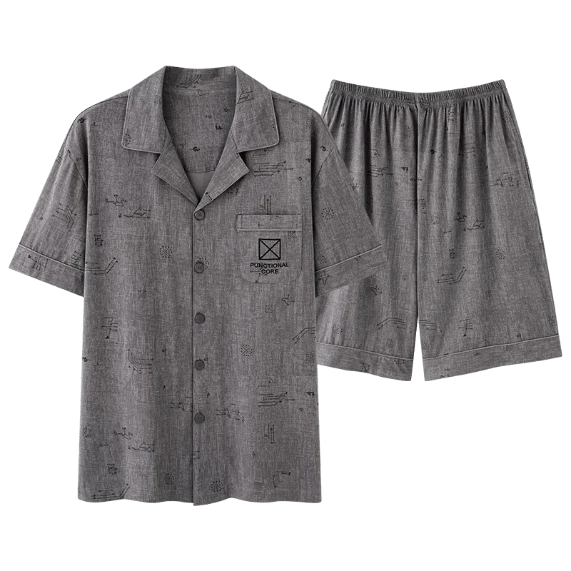 100% Cotton Men's Fashion Summer New Pajama Set Lapel Cardigan Casual Short-Sleeve Top and Shorts Two-Piece Set Soft Loungewear