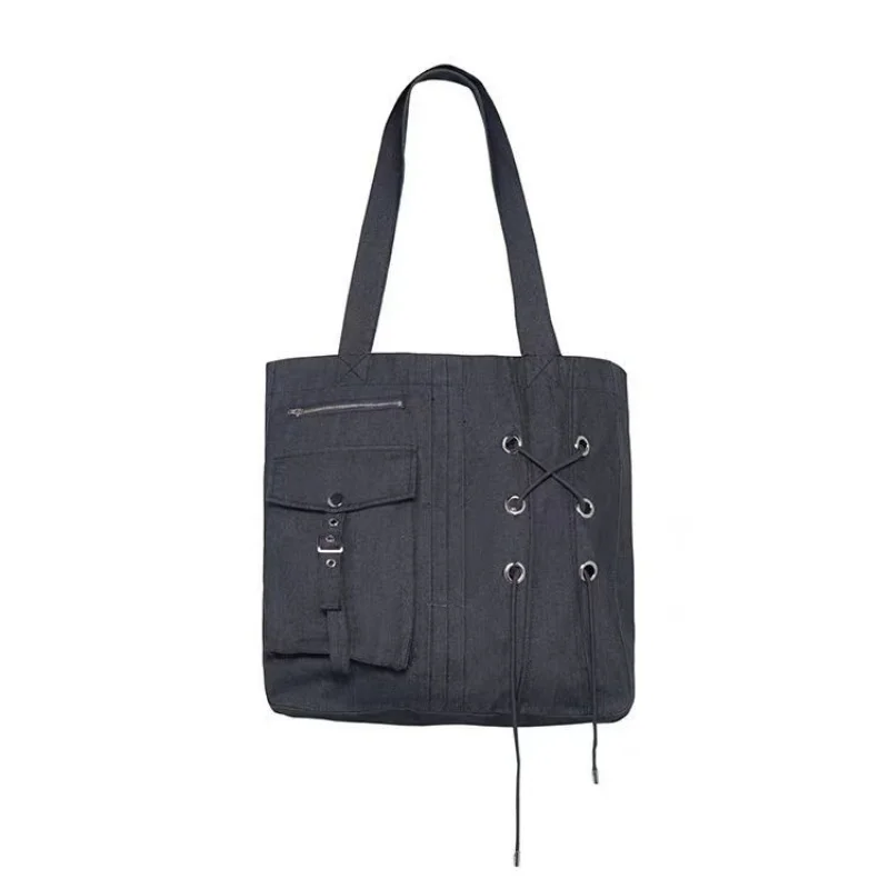 Korean Designer Pocket Ruched Denim Big Handbag Large Capacity Women Fashion Shoulder Bag Female Motor Street Style Tote Bags