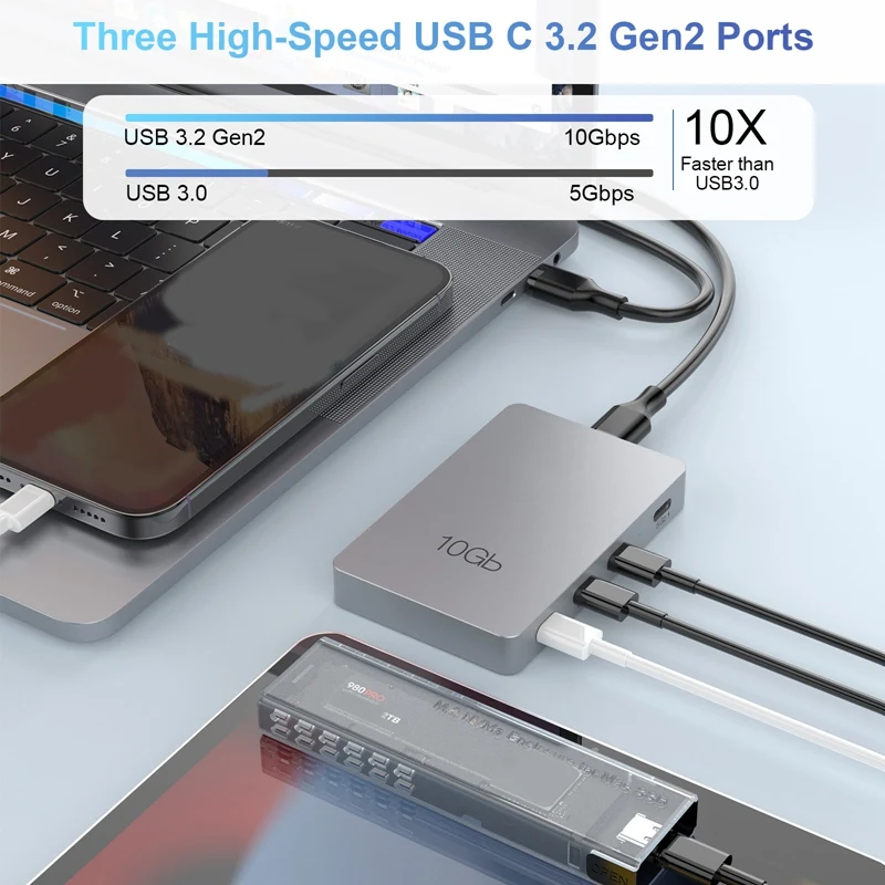 محطة إرساء من النوع C مصنوعة من سبائك الألومنيوم الرمادي USB3.2 Gen2 بسرعة 10 جيجابت في الثانية 7 في 1 مع توسيع شحن PD 100 وات محور متعدد الوظائف