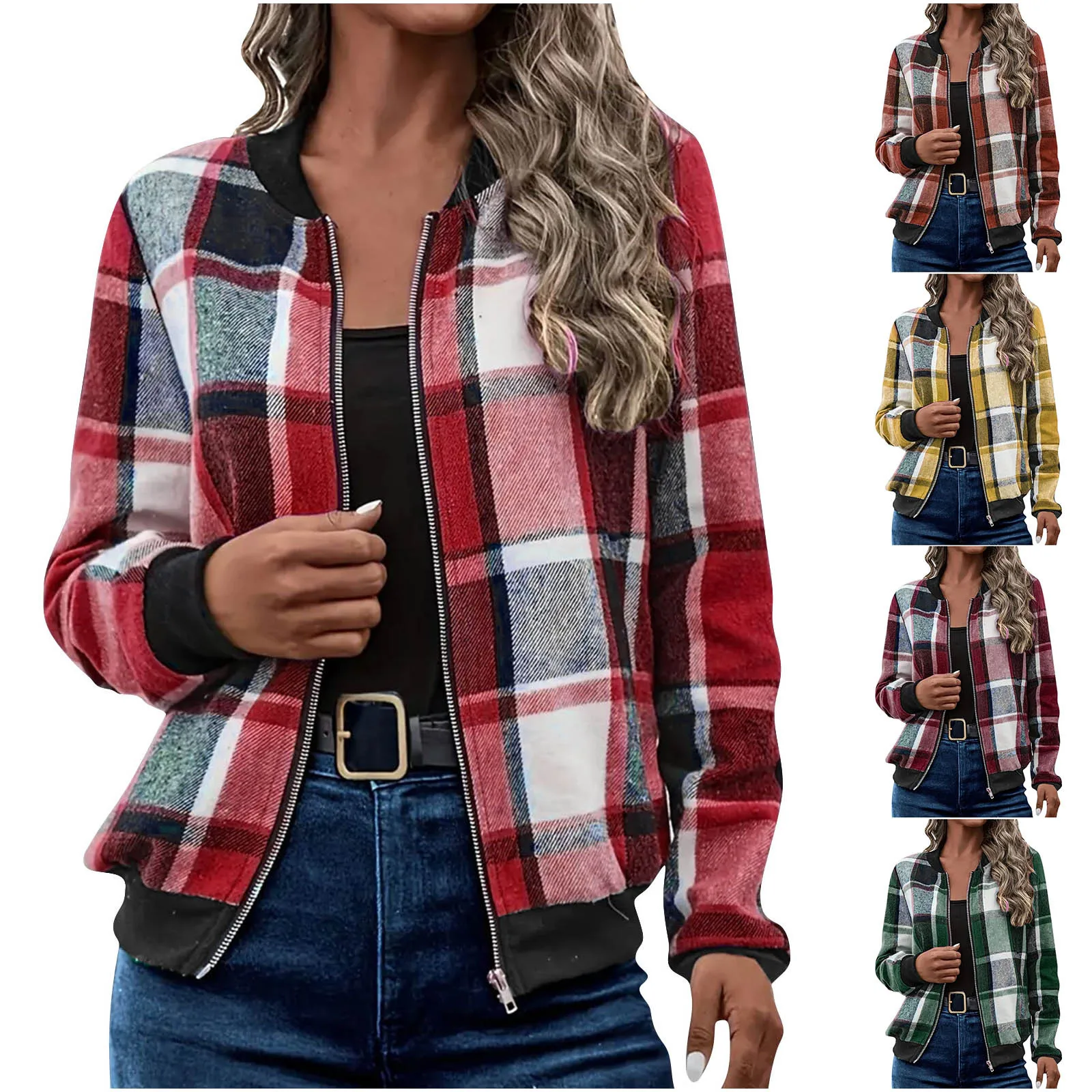 

2025 Autumn Winter New Fashion Plaid Women Casual Jacket Simple Round Neck Female Long Sleeved Zipper Coat