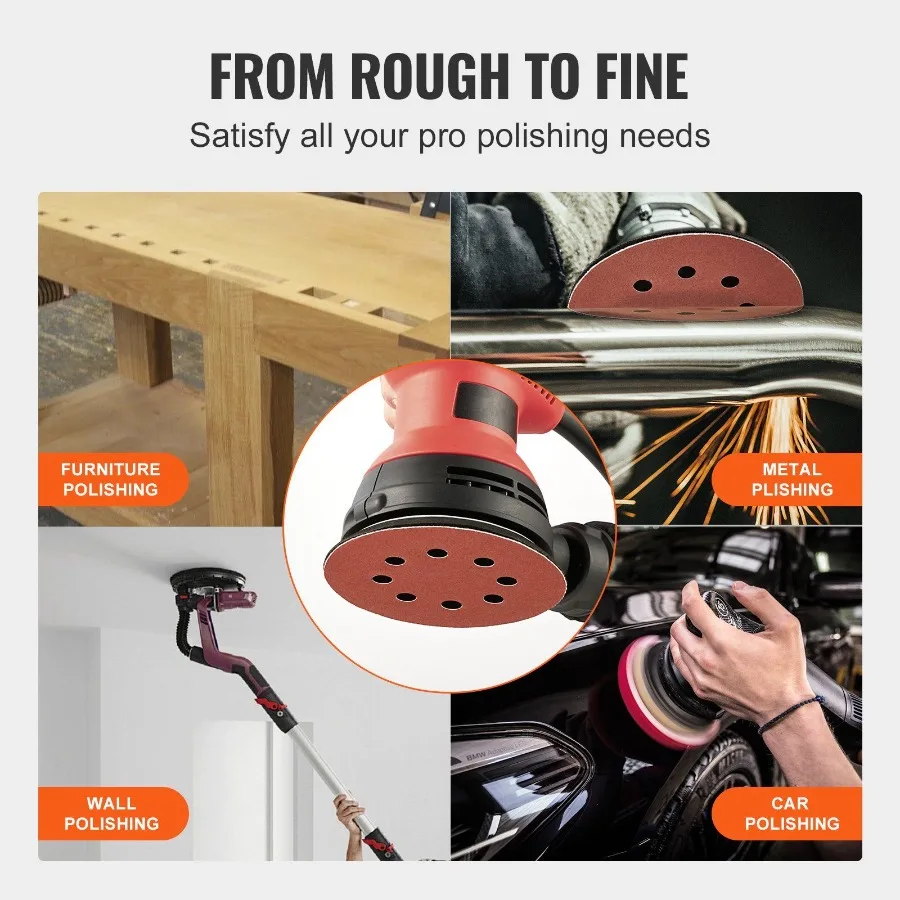 150 peças discos de lixa de 5 polegadas 60600 lixa de gancho e laço de grão 8 furos