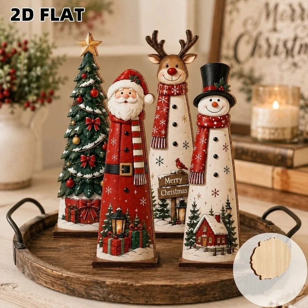 2D Flat Christmas Wooden Figurine Set Vintage Stable Stand Reindeer Christmas Sign Separate Base Hand Painted