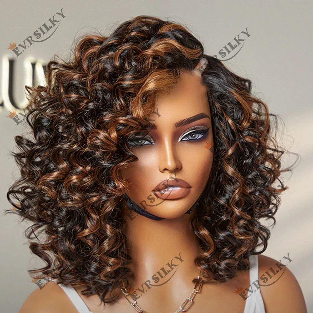 200Density Human Hair V Part Wigs Glueless Machine Made Highlight Chestnut Blonde U Part Wigs Afro Black Women Bouncy Curly Remy