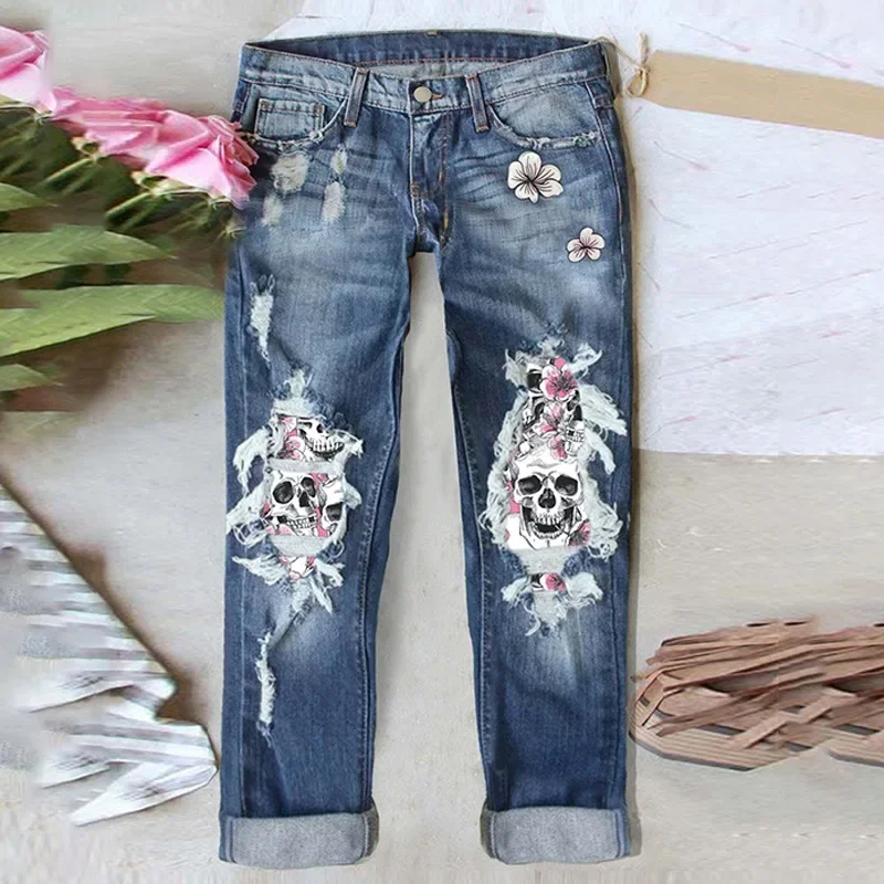 

Women Jeans Ripped Hole Skulls Print New Trend Straight Female Street Fashion Blue Large Size Long Casual Trousers Luegntolo