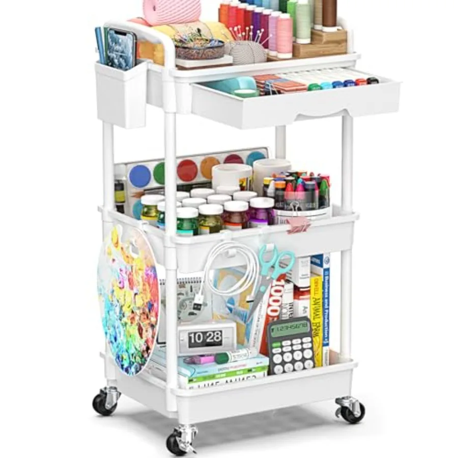 

3 Tier Rolling Cart with Drawer Bathroom Storage Organizer with 2 Lockable Wheels Multifunctional Rolling Storage Cart for Bath