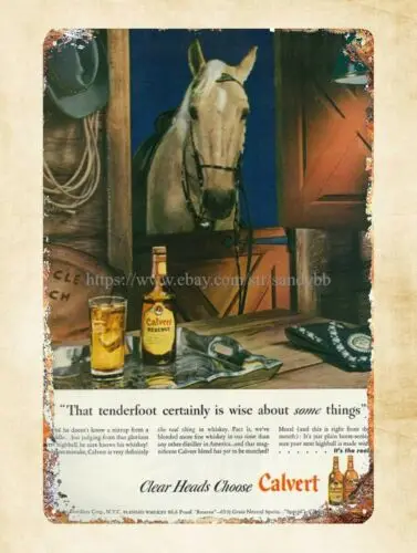 decor 1946 Liquor Ad Calvert Reserve Blended Whiskey Ranch Horse metal tin sign