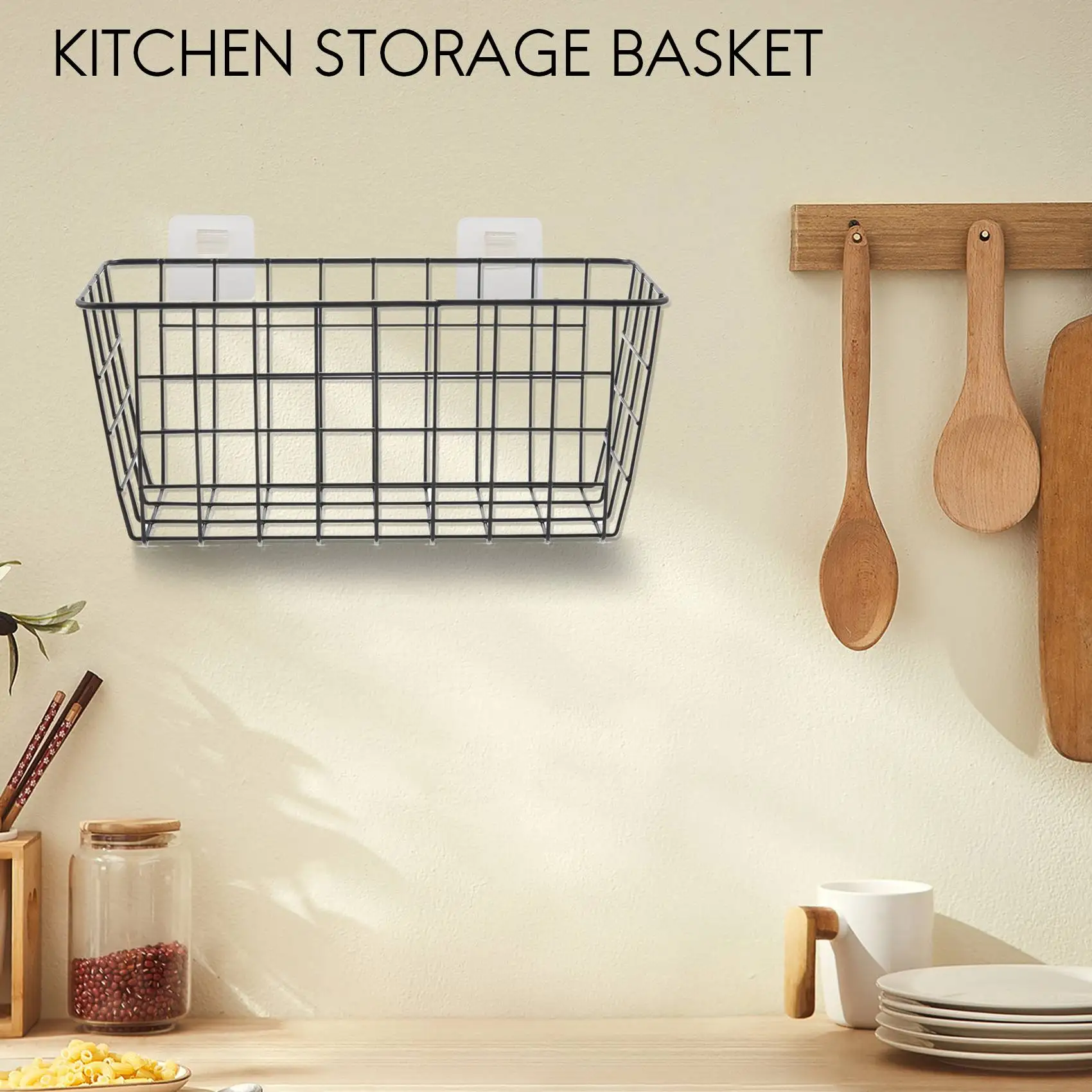 Adhesive Sturdy Storage Baskets with Kitchen Food Pantry Bathroom Shelf Storage No Drilling Wall Mounted,2 PACK,Black