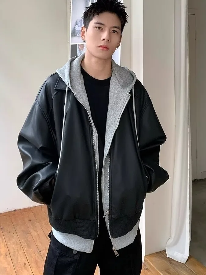 Men's Hooded PU Leather Jacket Fake Two-Piece Style Couple's Fashion Spring Trend Loose Fit Long Sleeve Zipper Closure
