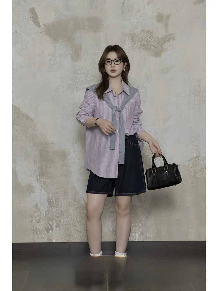 

plus Size Women's Casual Striped irt Long Sve Loose Fit Cotton Comfortable Top for Plump Sister Korean Sle Spring Autumn