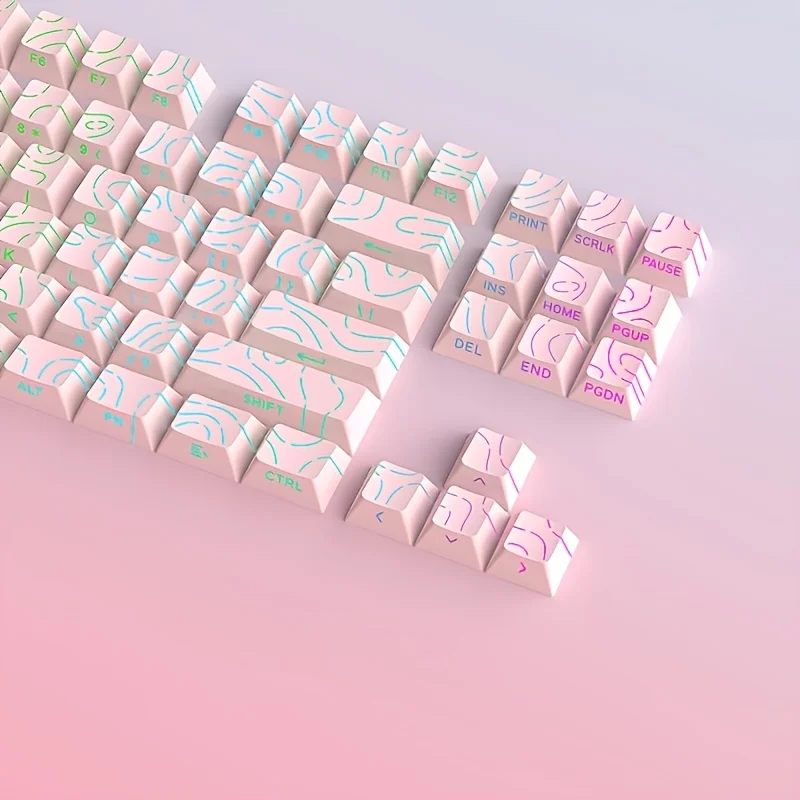 أغطية مفاتيح بخط كونتور وردي - إضاءة خلفية شفافة، ملف تعريف الكرز، قالب حقن مزدوج النار، 87 مفتاحًا، 10 مفاتيح إضافية
