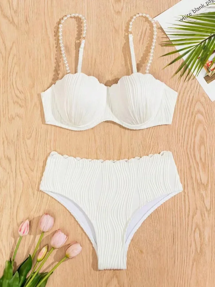 

2026 New Summer Swimwear Bikinis Set Sexy Pearl Spaghetti Strap Bikini 2 Piece Set Women Solid Split Beach Style Bikini
