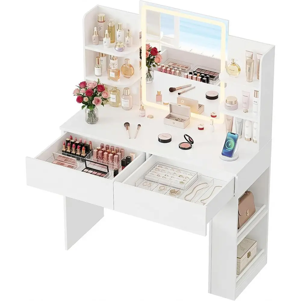 

Makeup Vanity Table with Mirror, LED Lights, 3 Color Modes, Adjustable Brightness, 2 Drawers, Side Storage, White, No Bench