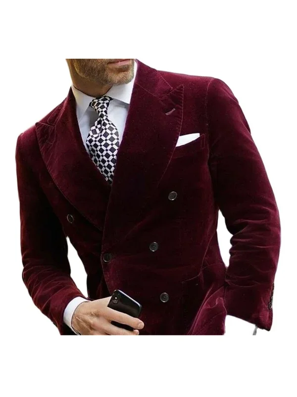 Burgundy Velvet Blazer for Men with Peak Lapel Double Breasted Dinner Jacket Elegant Smoking Suit Coat