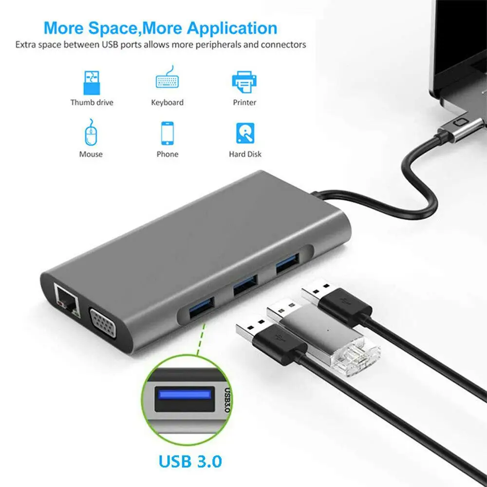 dodocool 14-in-1 USB C HUB 4K VGA LAN SD Card Ports USB 3.0 USB 2.0 3.5 mm audio for USB C docking station for Type-c laptops