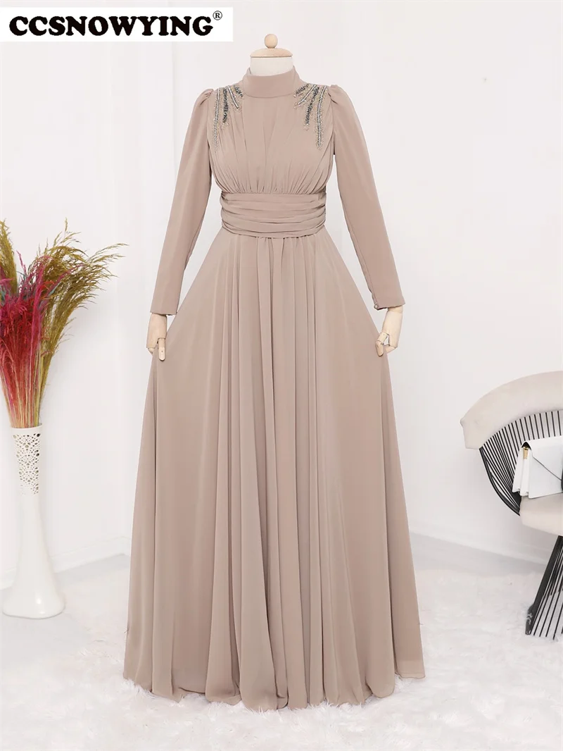 

Long Sleeve Hijab Muslim Evening Dresses Arabic Dubai Chiffon Appliques Formal Party Gown High Neck A Line Robe De Soiree