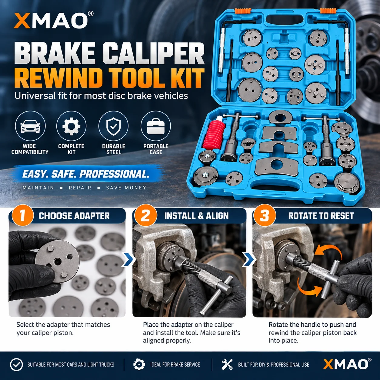 Brake Piston Rewind Tool Kit Disc Caliper Wind Back Compressor Set with Multiple Adapter Plates for Car Maintenance Repair