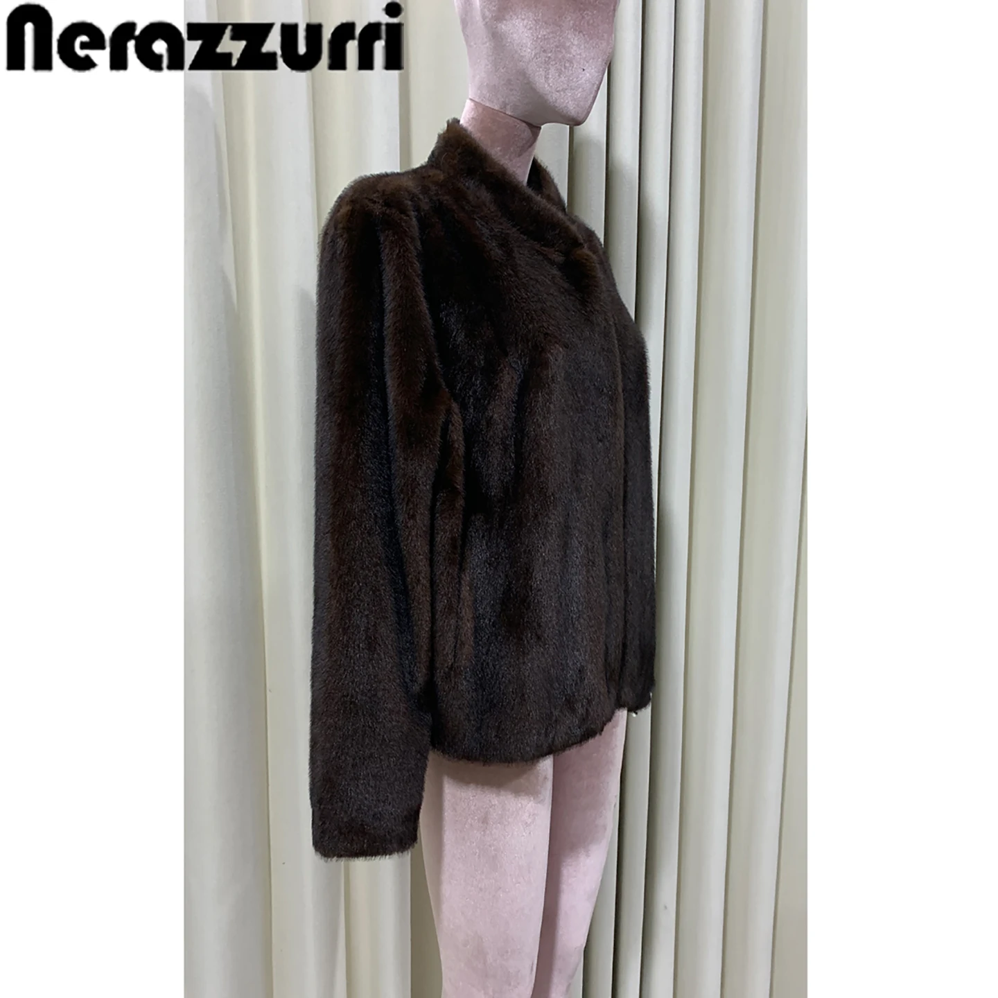 Nerazzurri Short Stand Collar Long Sleeve Brown Faux Fur Coat Vintage Style Warmth Environmentally Friendly Youth Daily Wear