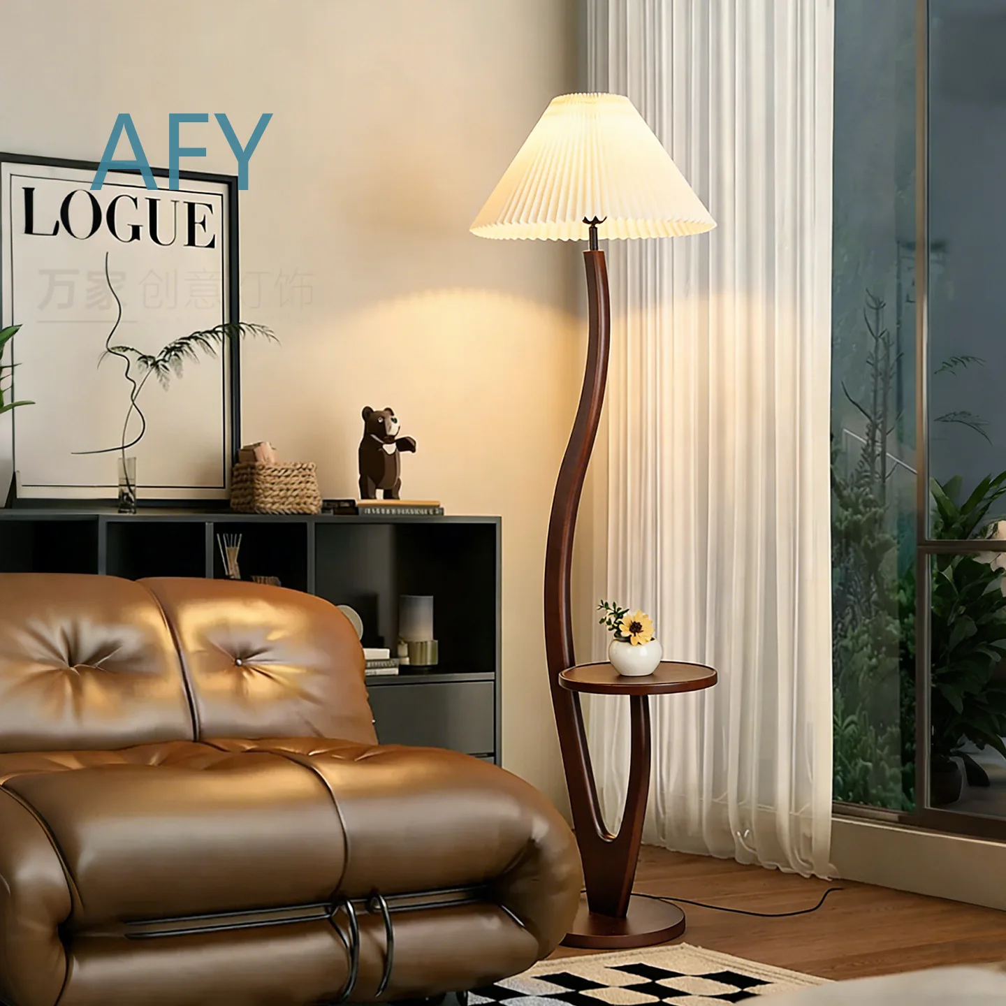 Vintage Solid Wood Floor Lamp for Living Room Sofa Side Bedroom Mid Century Modern Design Pleated Shelf Table Lamp