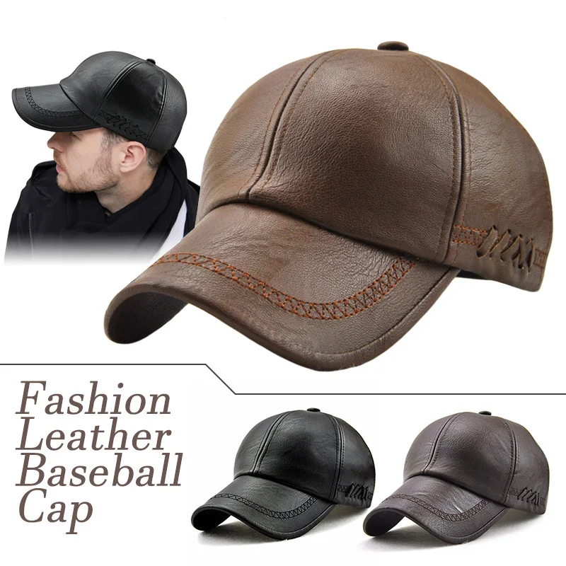 Minimalist Mens Baseball Cap Casual PU Leather Hat Spring Winter Warm Velvet Cap Autumn Hip Hop Outdoor Baseball Cap