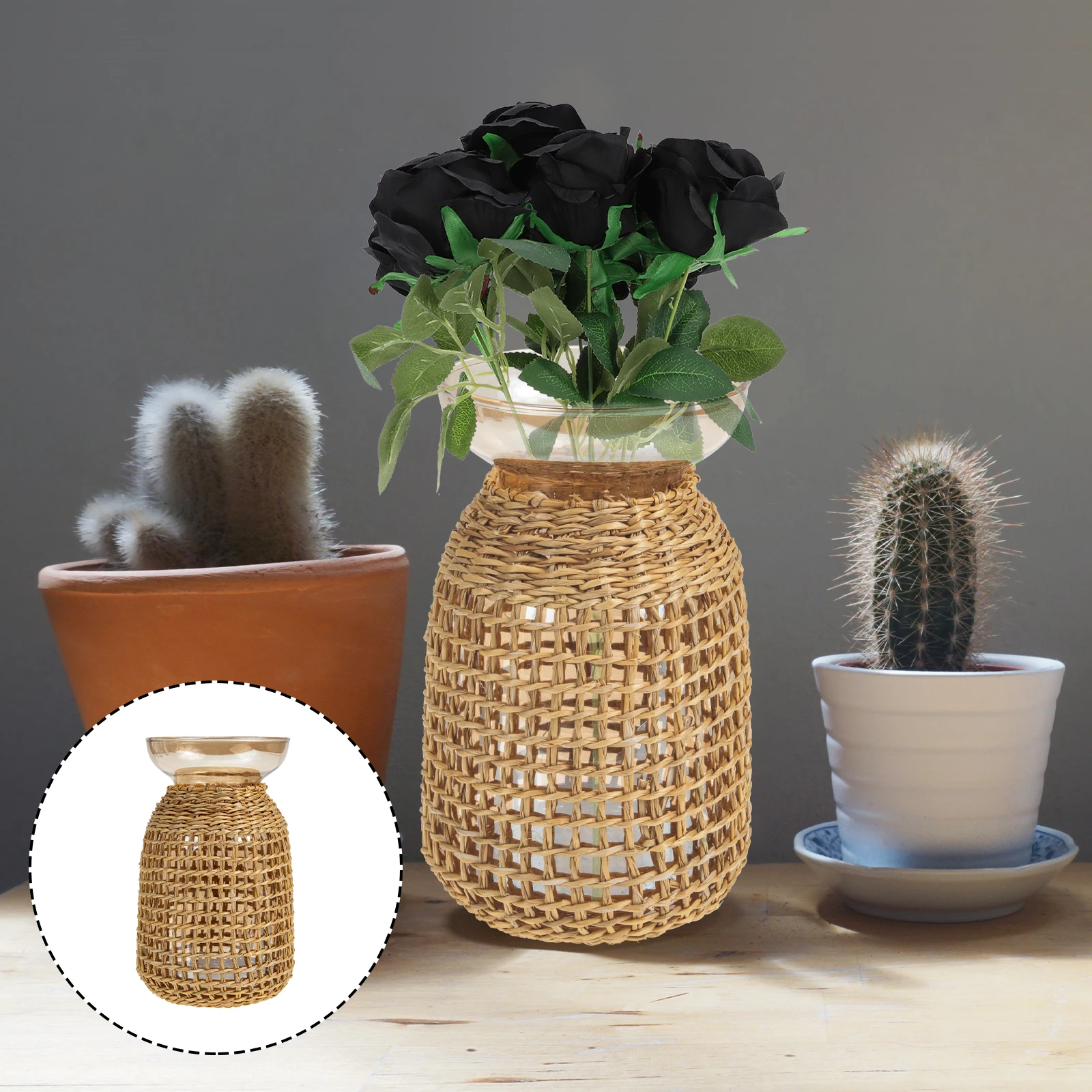 

Aesthetic Straw Glass Vase Decorative Flower Vases for Home Bedroom Living Room Office Unique Centerpiece Rattan Design Anti