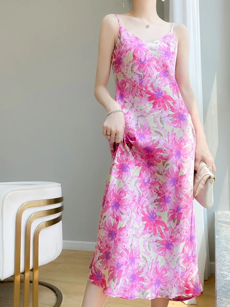 Ele V-Ne Acetate Satin Print Midi Dr Women's A-Line Over-Knee Long Dr Slimming Summer Wrap Dr Commute Sle