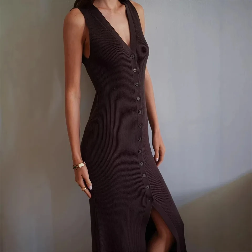 

2026 New Womens Summer V Neck Sleeveless Dress Ribbed Vest Dress Slit Long Skirt Temperament Elegant Versatile